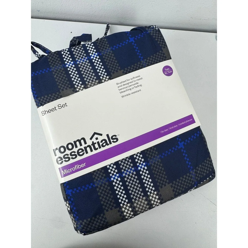 Room Essentials Twin XL‎ Sheet Set Navy Blue Gray Plaid Microfiber 3 Piece NEW